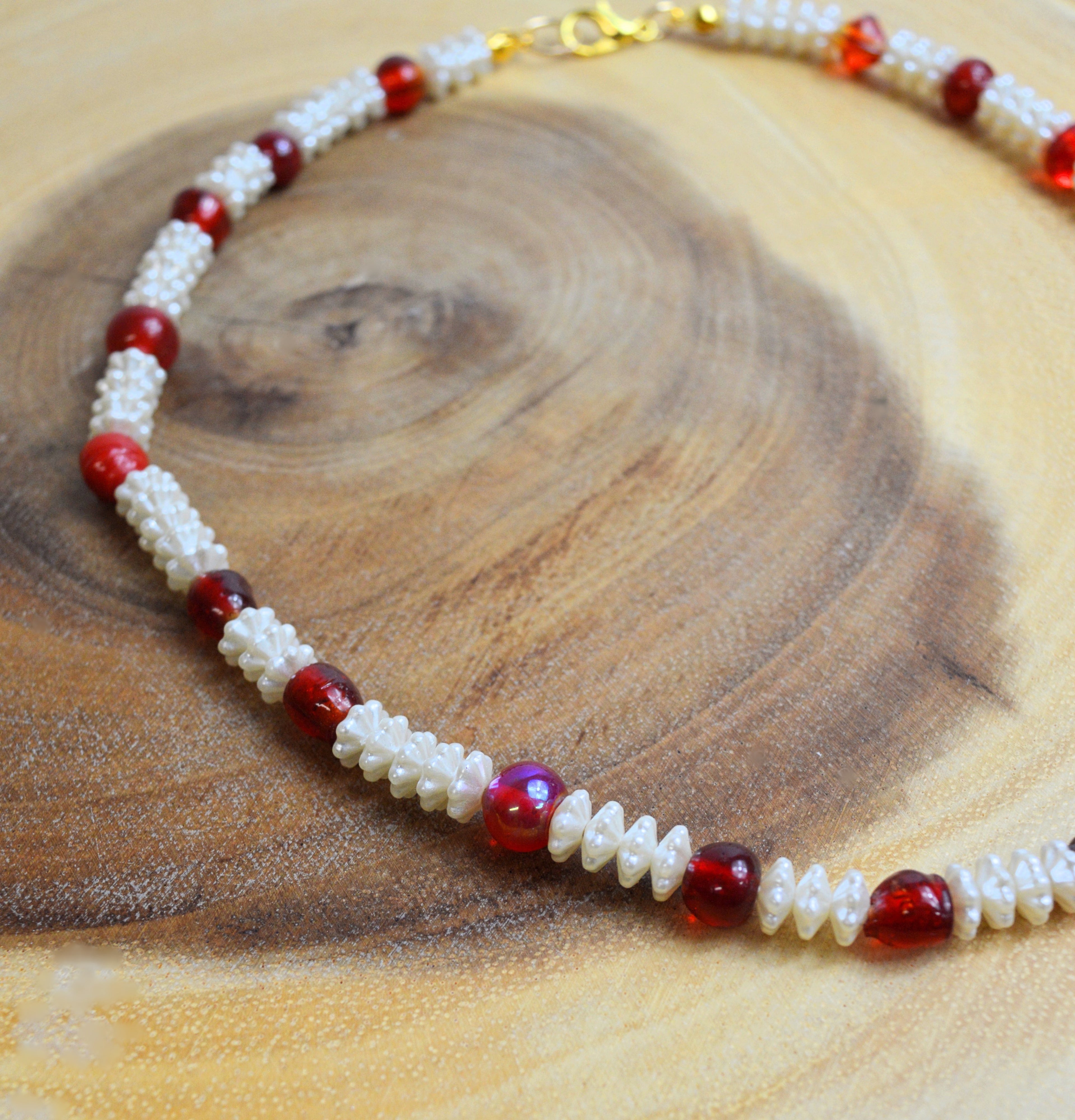 Up-cycled Hand-crafted Necklace with Red Glass and Textured Pearl Beads
