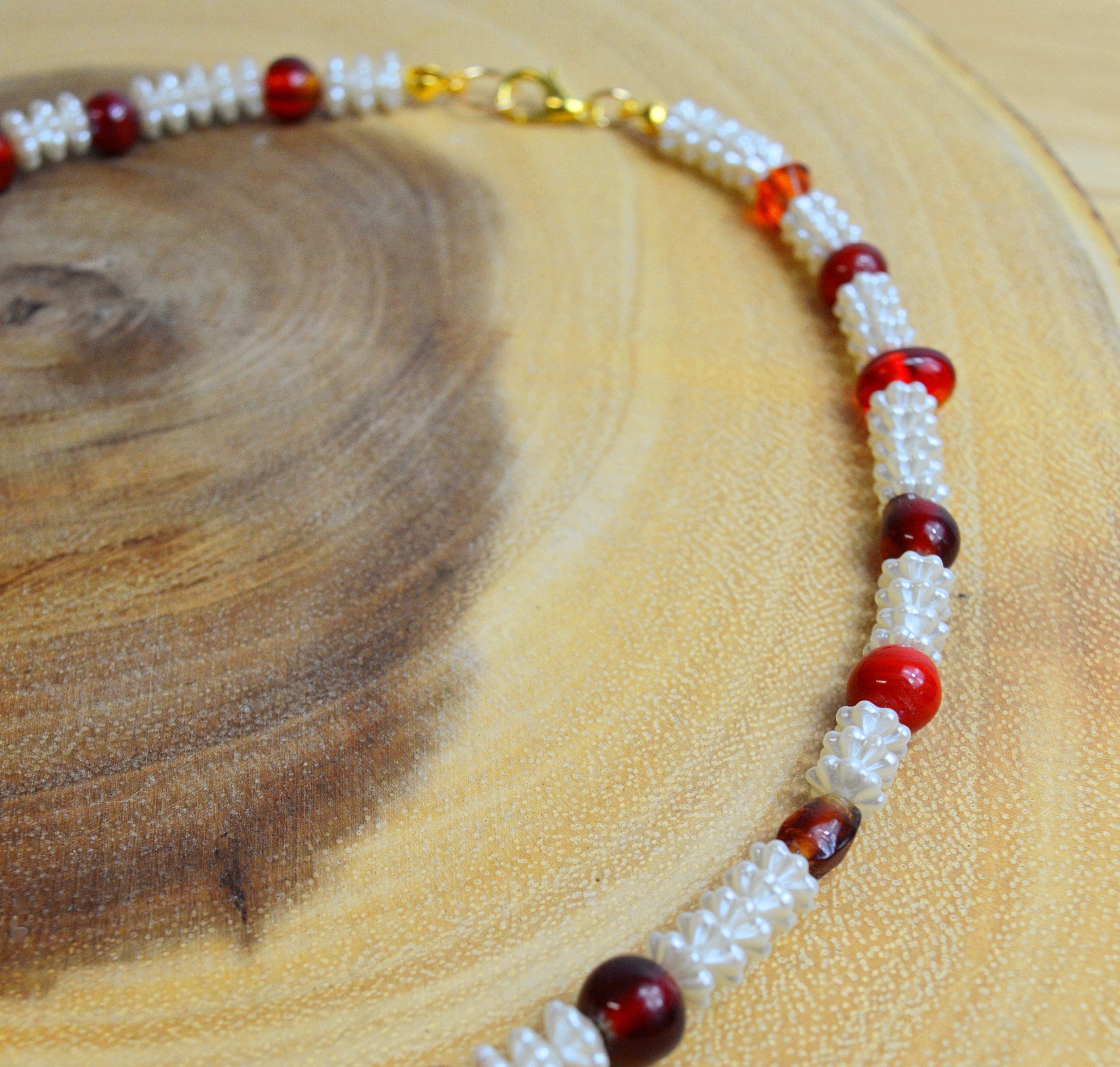 Up-cycled Hand-crafted Necklace with Red Glass and Textured Pearl Beads