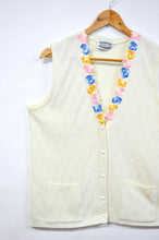 Load image into Gallery viewer, Up-cycled Hand Stitched Knit Vest with Recycled Floral Doily Detail
