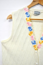 Load image into Gallery viewer, Up-cycled Hand Stitched Knit Vest with Recycled Floral Doily Detail
