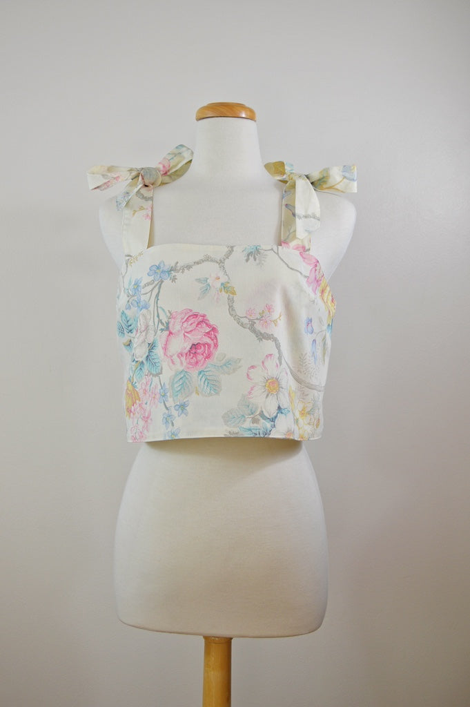 Up-cycled Pastel Floral Bow Shoulder Cropped Tank | Large