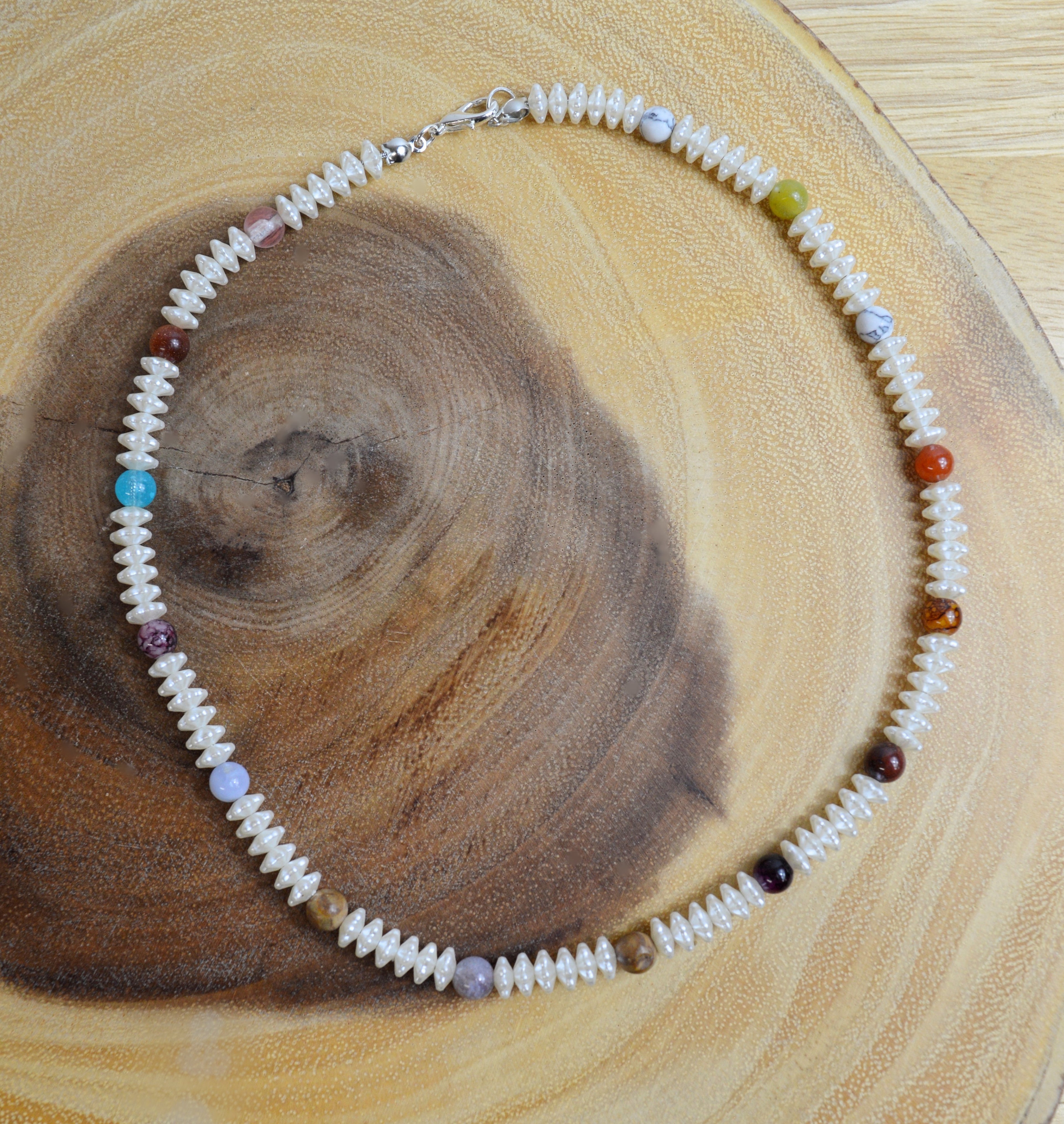 Up-cycled Hand-crafted Necklace with Multi-Coloured Rainbow Beads and Textured Pearl Beads