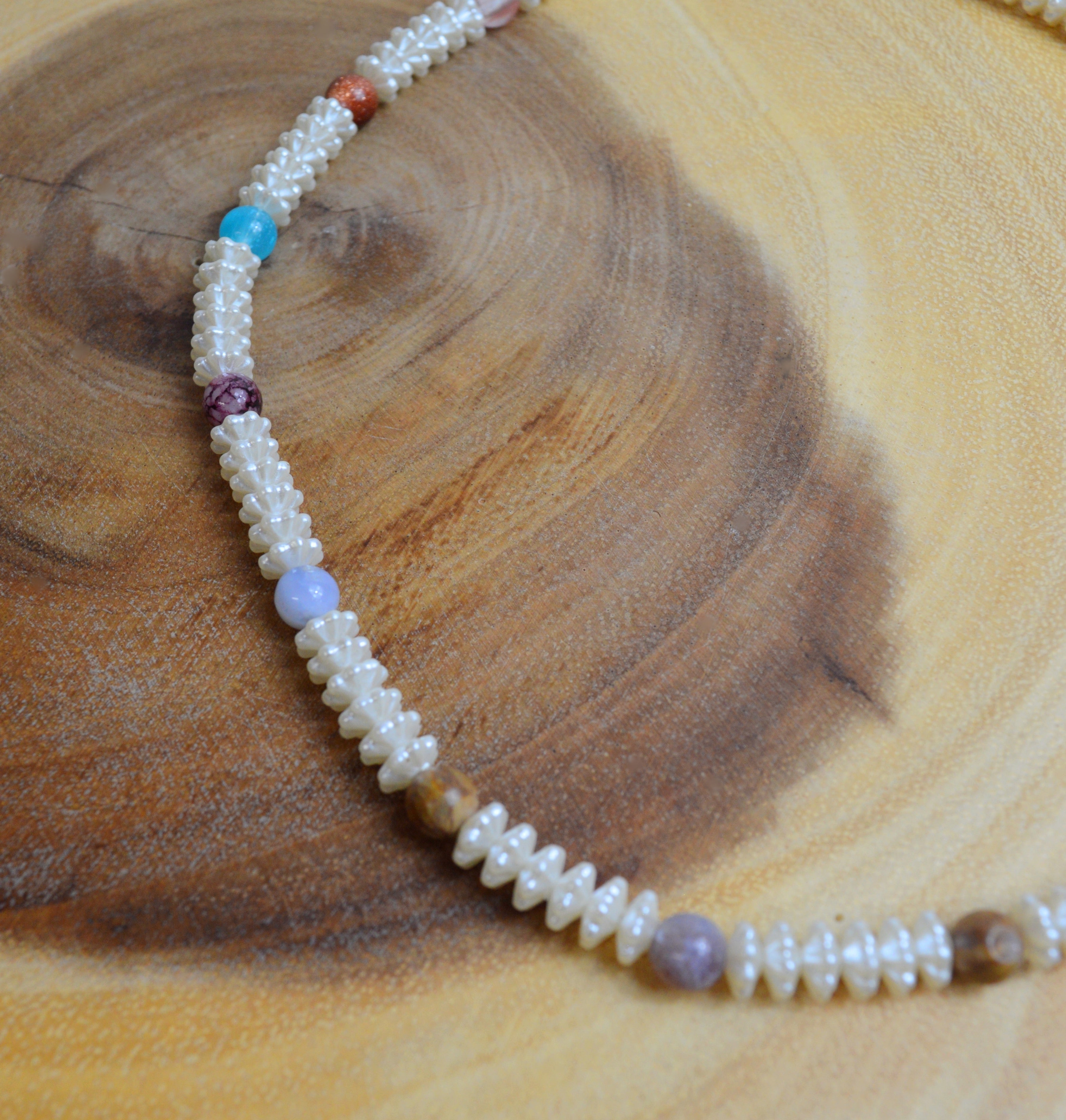 Up-cycled Hand-crafted Necklace with Multi-Coloured Rainbow Beads and Textured Pearl Beads