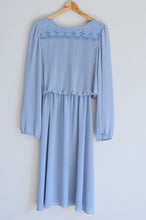 Load image into Gallery viewer, Vintage 1970s Powder Blue Ruffle Dress with Embroidered Lace Collar
