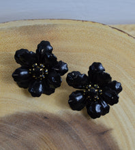 Load image into Gallery viewer, Vintage Black Floral Statement Earrings with Black Gemstone Inlay | 1960s
