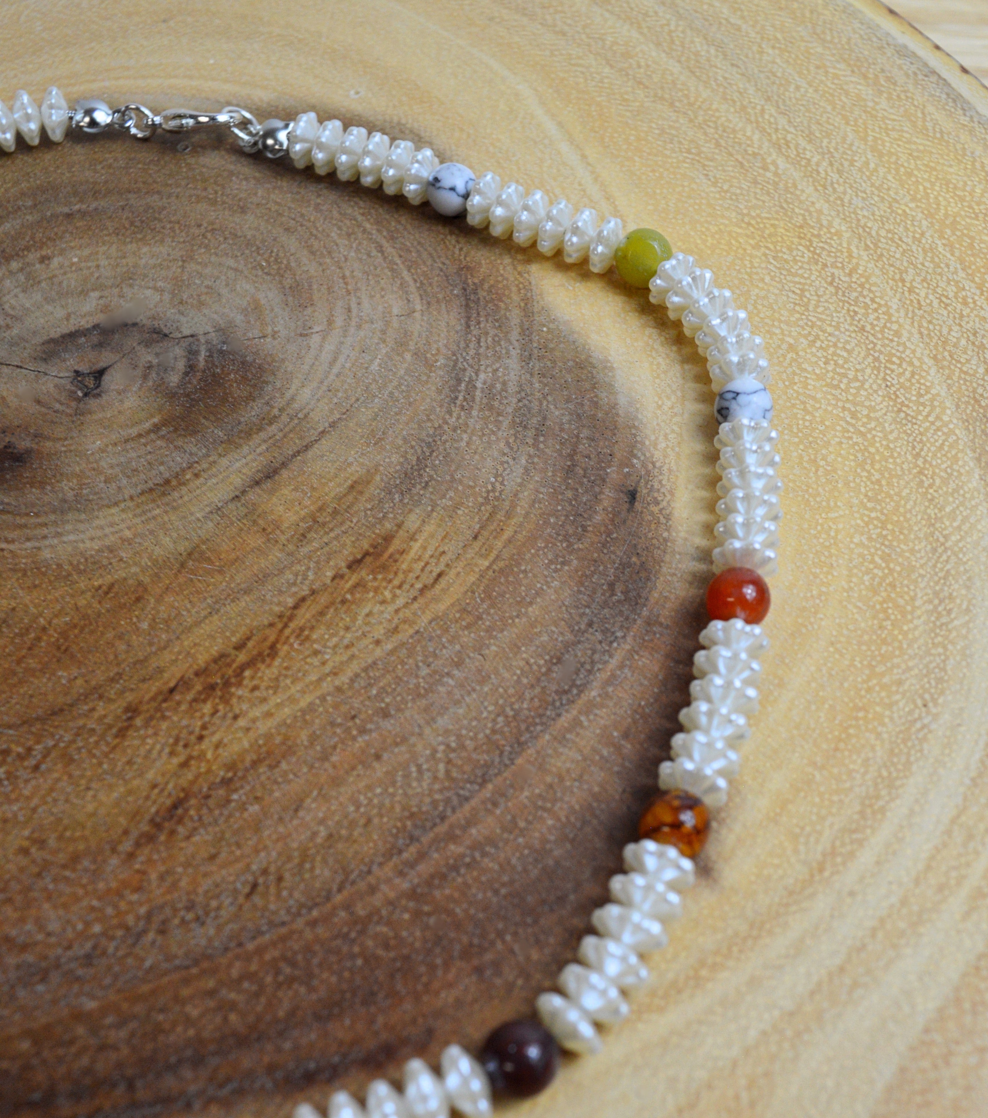 Up-cycled Hand-crafted Necklace with Multi-Coloured Rainbow Beads and Textured Pearl Beads