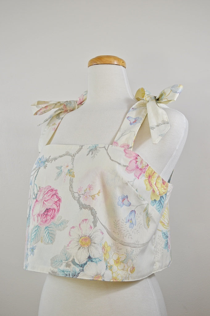 Up-cycled Pastel Floral Bow Shoulder Cropped Tank | Large