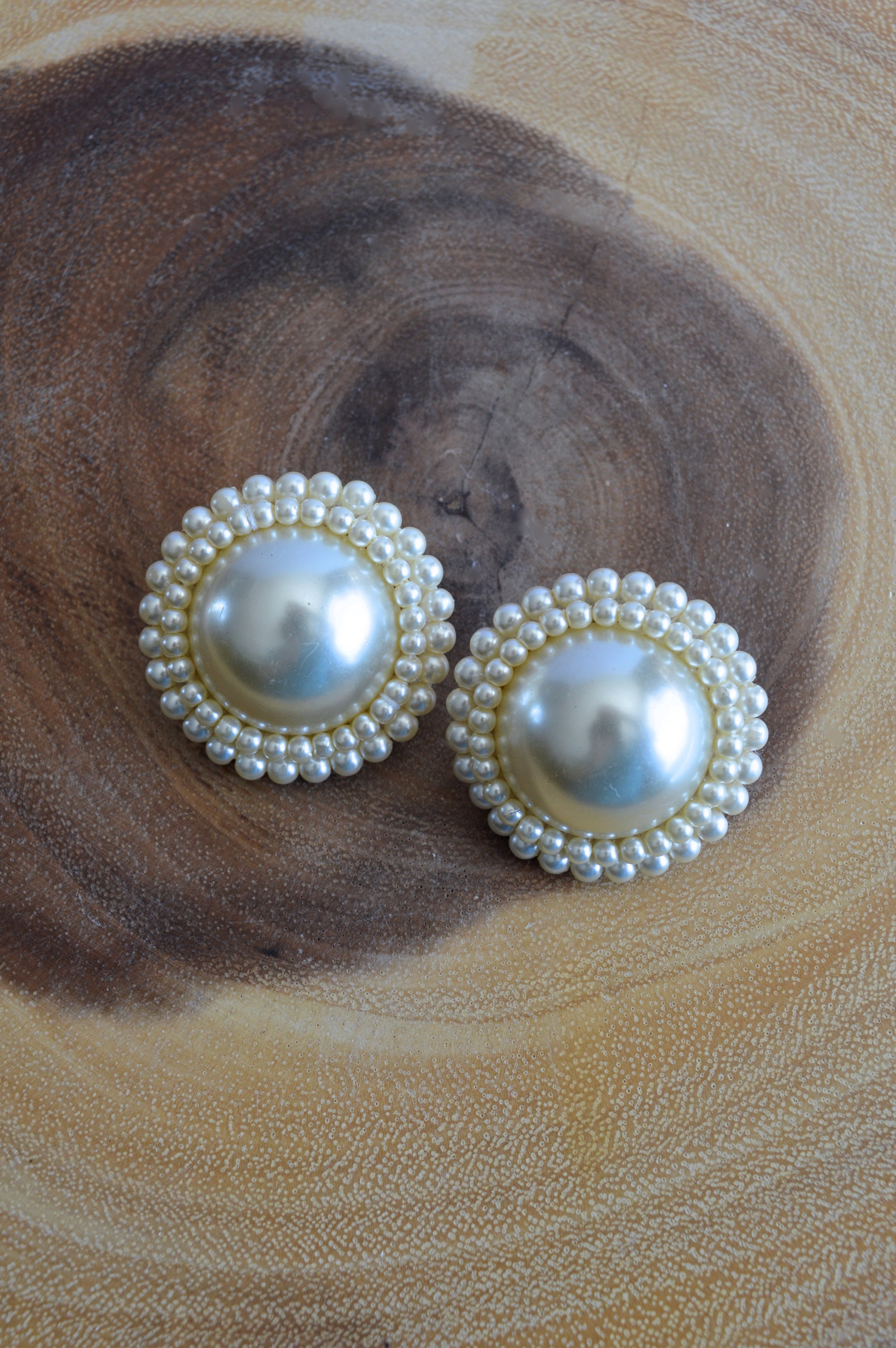 Large Circular Pearl Statement Earrings with Pearl Bead Border