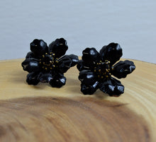 Load image into Gallery viewer, Vintage Black Floral Statement Earrings with Black Gemstone Inlay | 1960s
