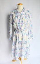 Load image into Gallery viewer, Blue Purple and White Floral Belted Shirtdress | 1970s | L
