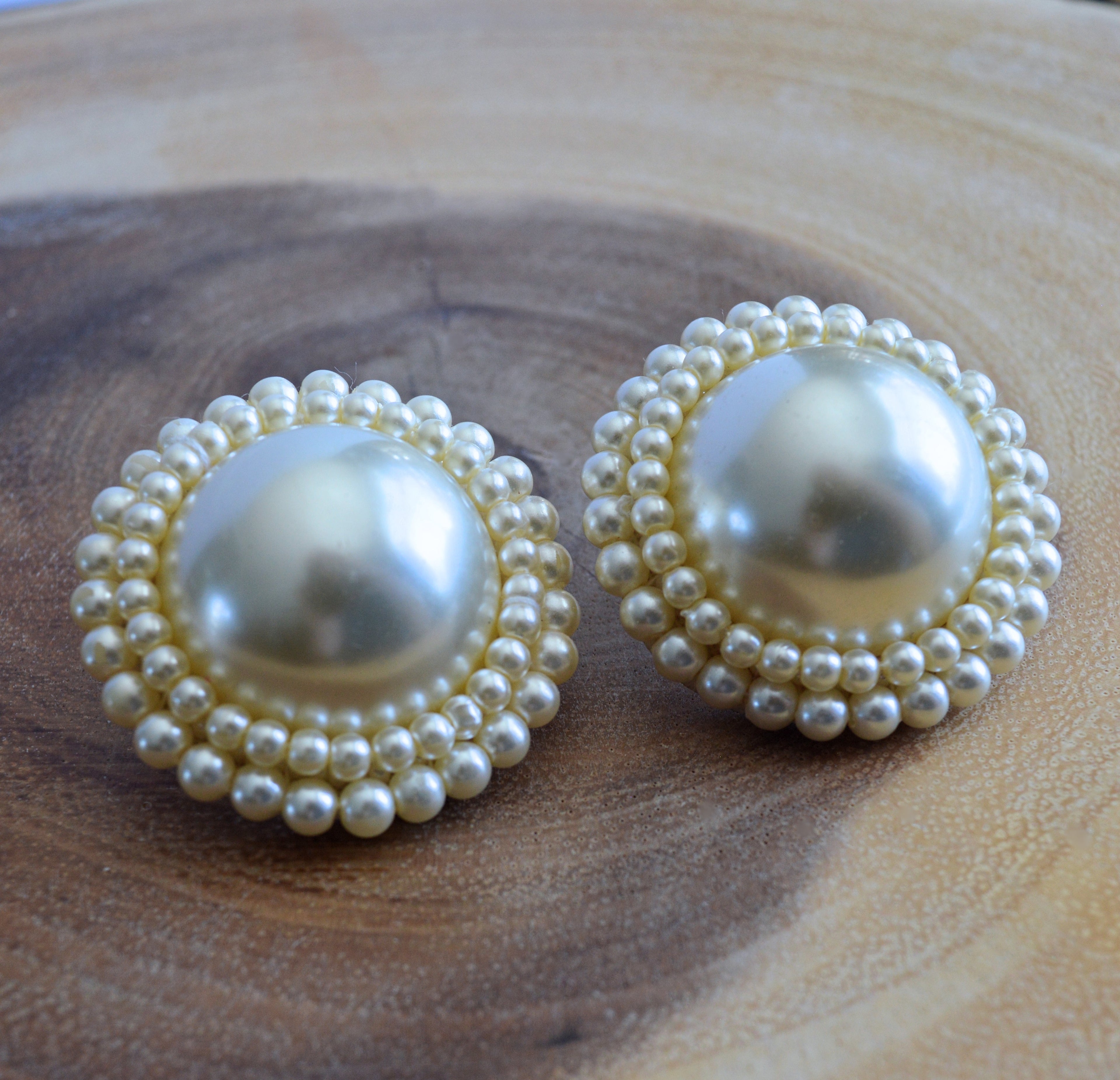 Large Circular Pearl Statement Earrings with Pearl Bead Border