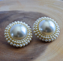 Load image into Gallery viewer, Large Circular Pearl Statement Earrings with Pearl Bead Border
