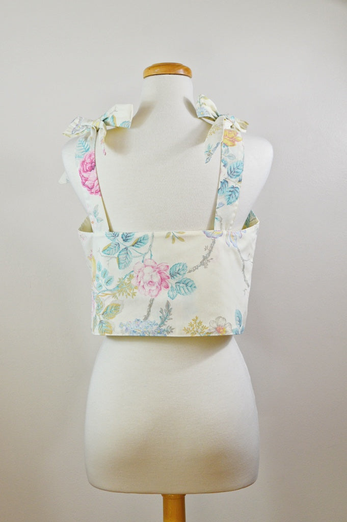 Up-cycled Pastel Floral Bow Shoulder Cropped Tank | Large