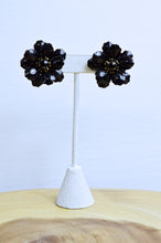 Load image into Gallery viewer, Vintage Black Floral Statement Earrings with Black Gemstone Inlay | 1960s
