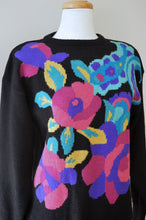 Load image into Gallery viewer, Black Knit Sweater with Neon Floral Print | Small-Medium
