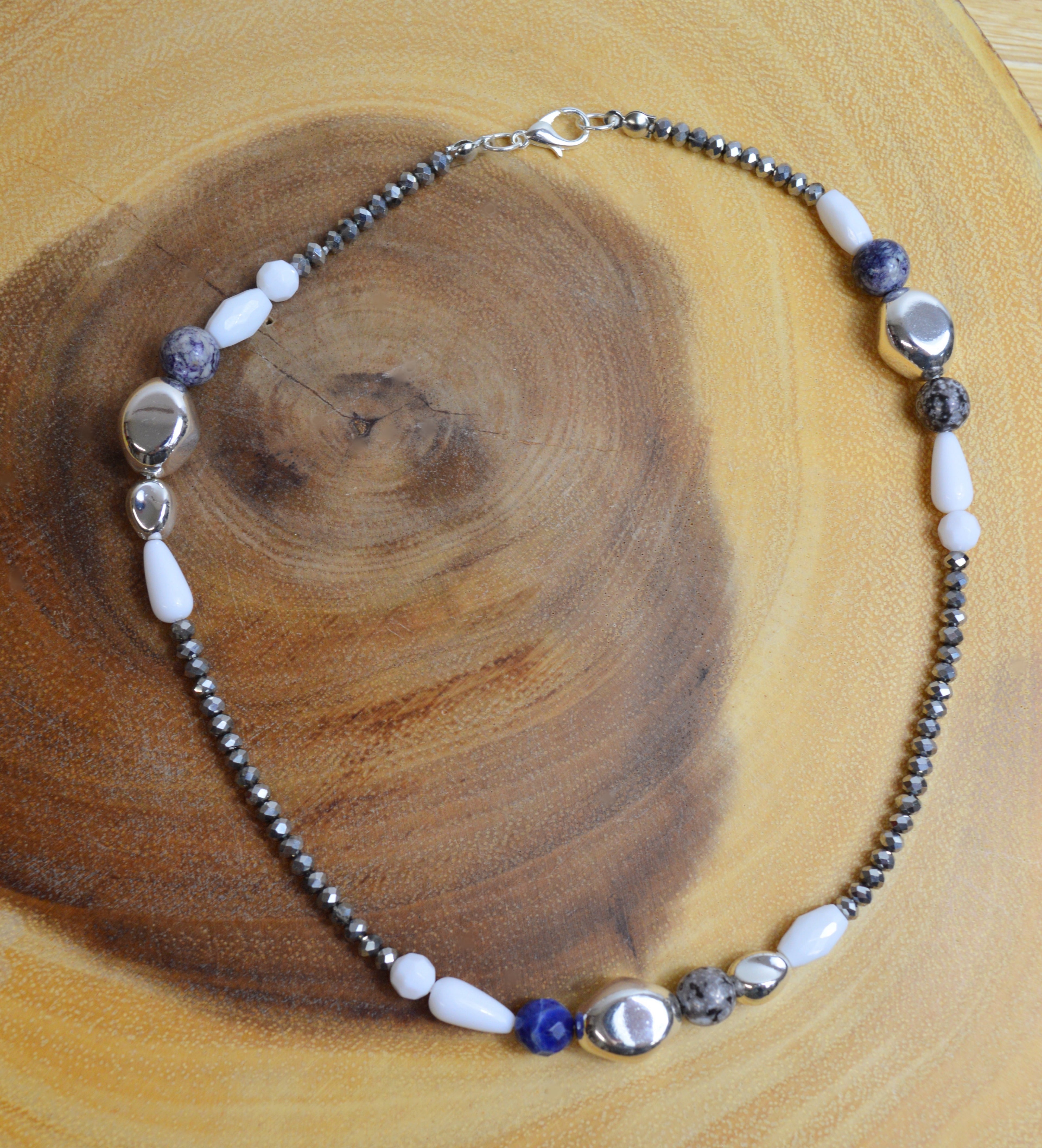 Up-cycled Hand Crafted Silver White Marble and Blue Beaded Short Layering Necklace