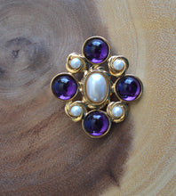 Load image into Gallery viewer, Vintage Gold Brooch with Purple Circular and Oval Inlays
