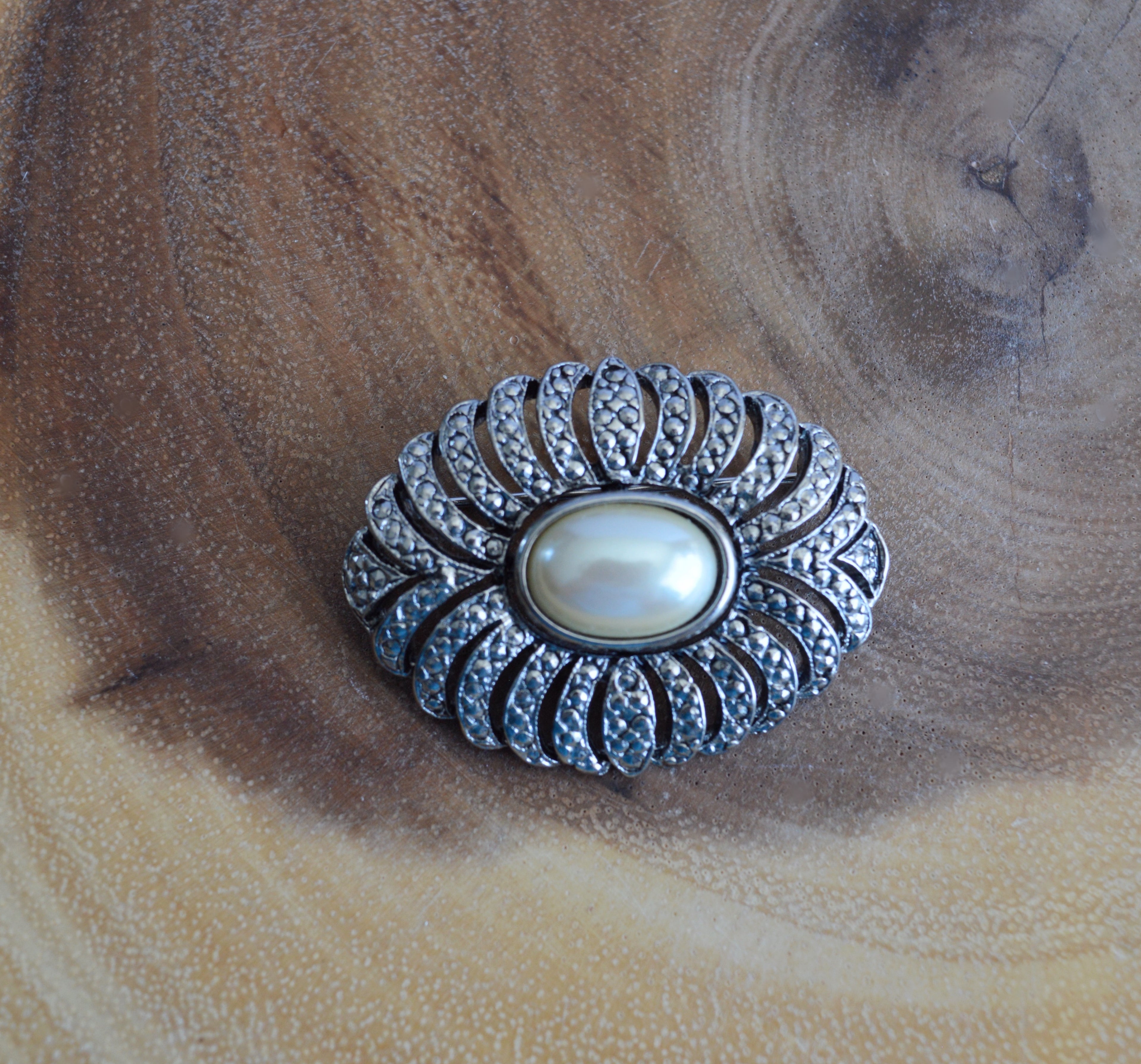 Oval Etched Silver Brooch with Faux Pearl Inlay