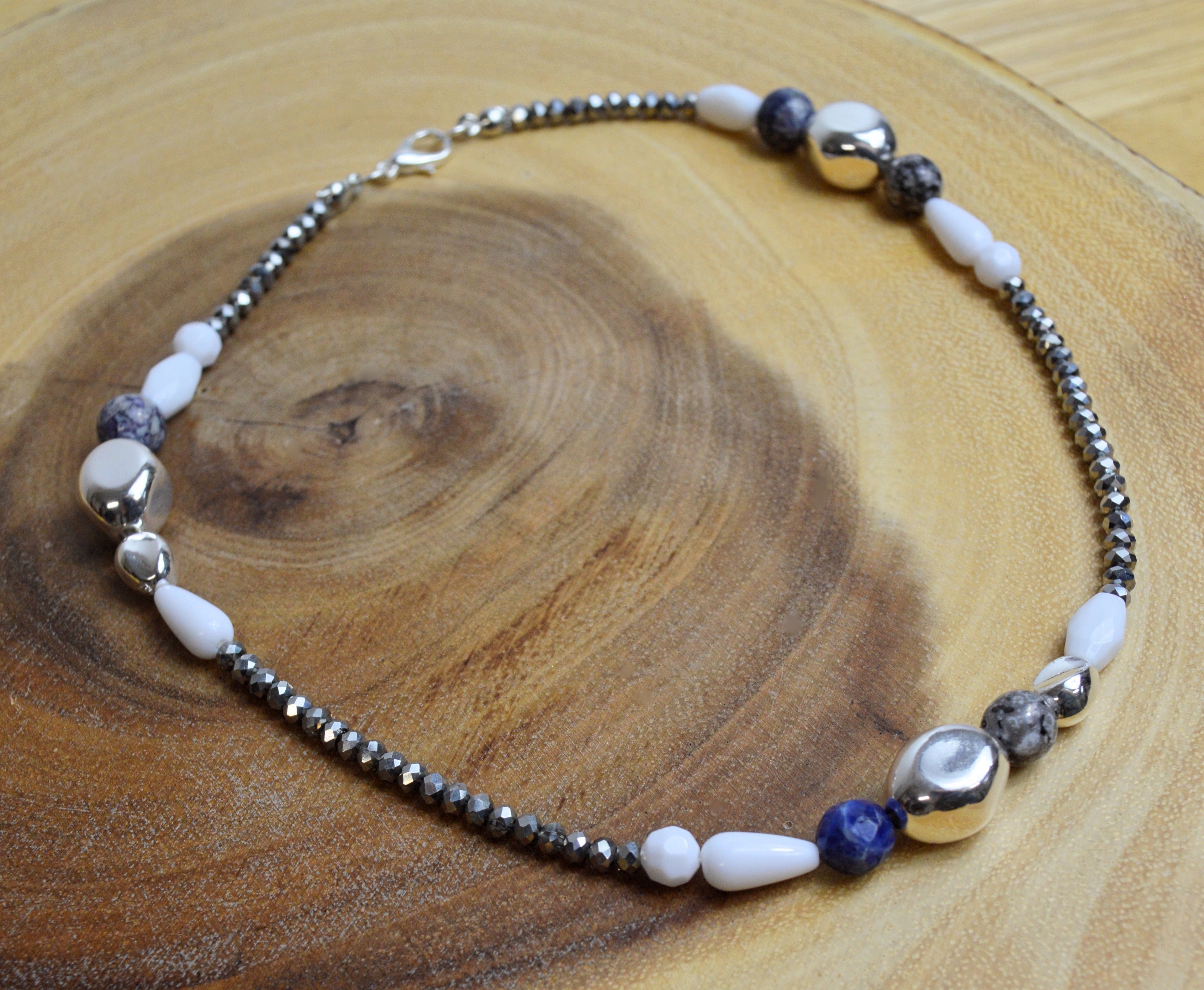 Up-cycled Hand Crafted Silver White Marble and Blue Beaded Short Layering Necklace