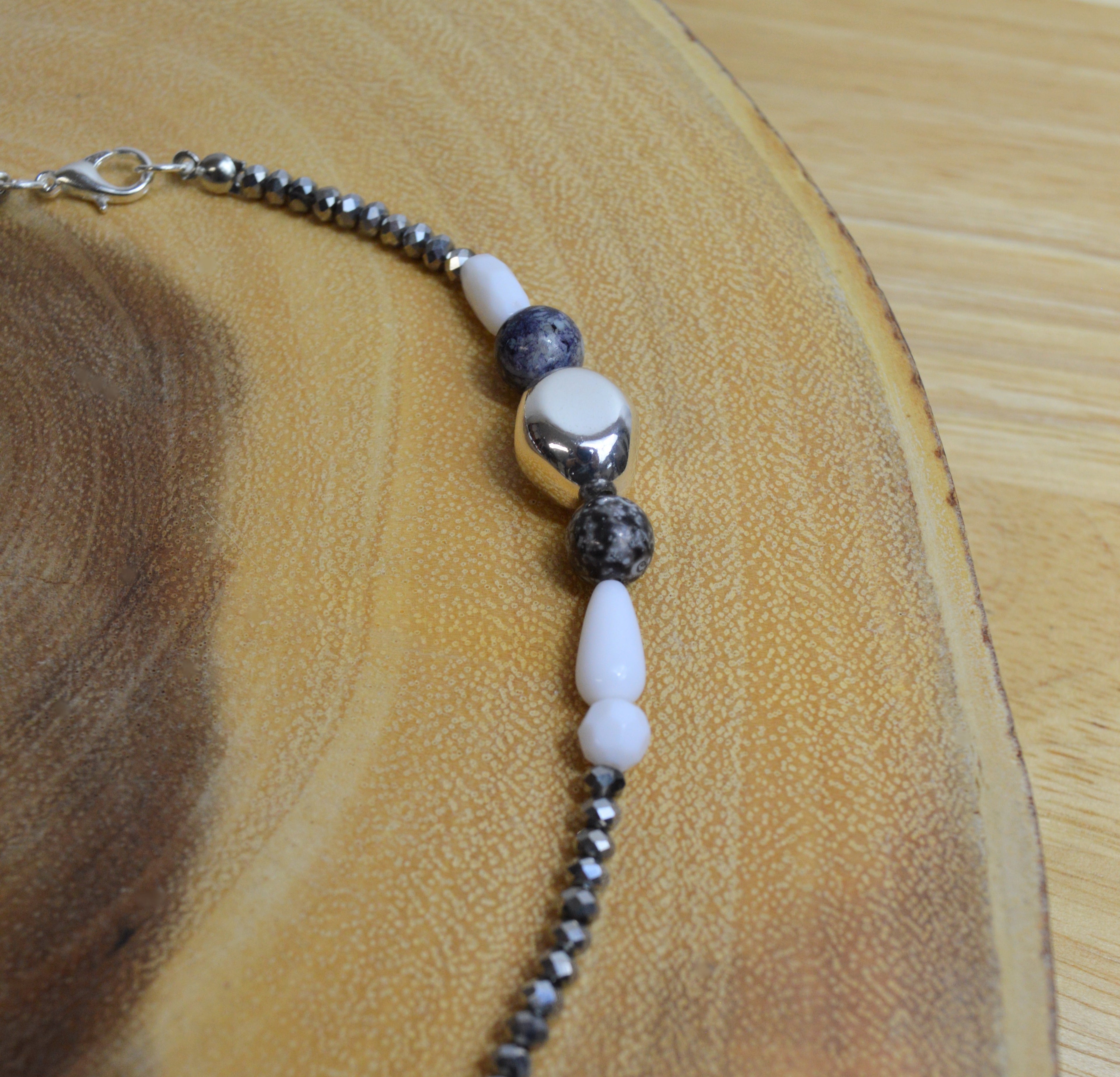 Up-cycled Hand Crafted Silver White Marble and Blue Beaded Short Layering Necklace