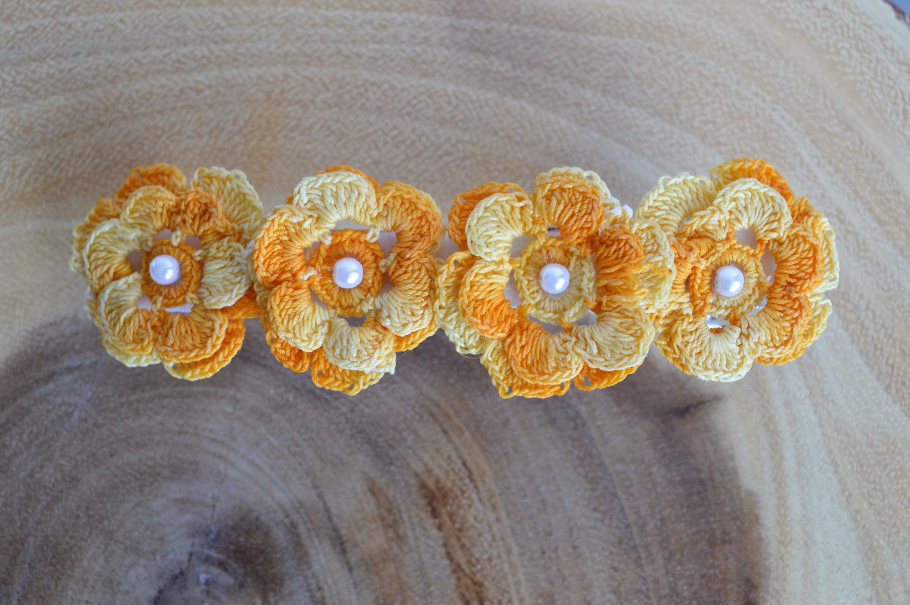 Up-cycled Yellow Floral Doily Hair Clip with Pearl Bead Inlay
