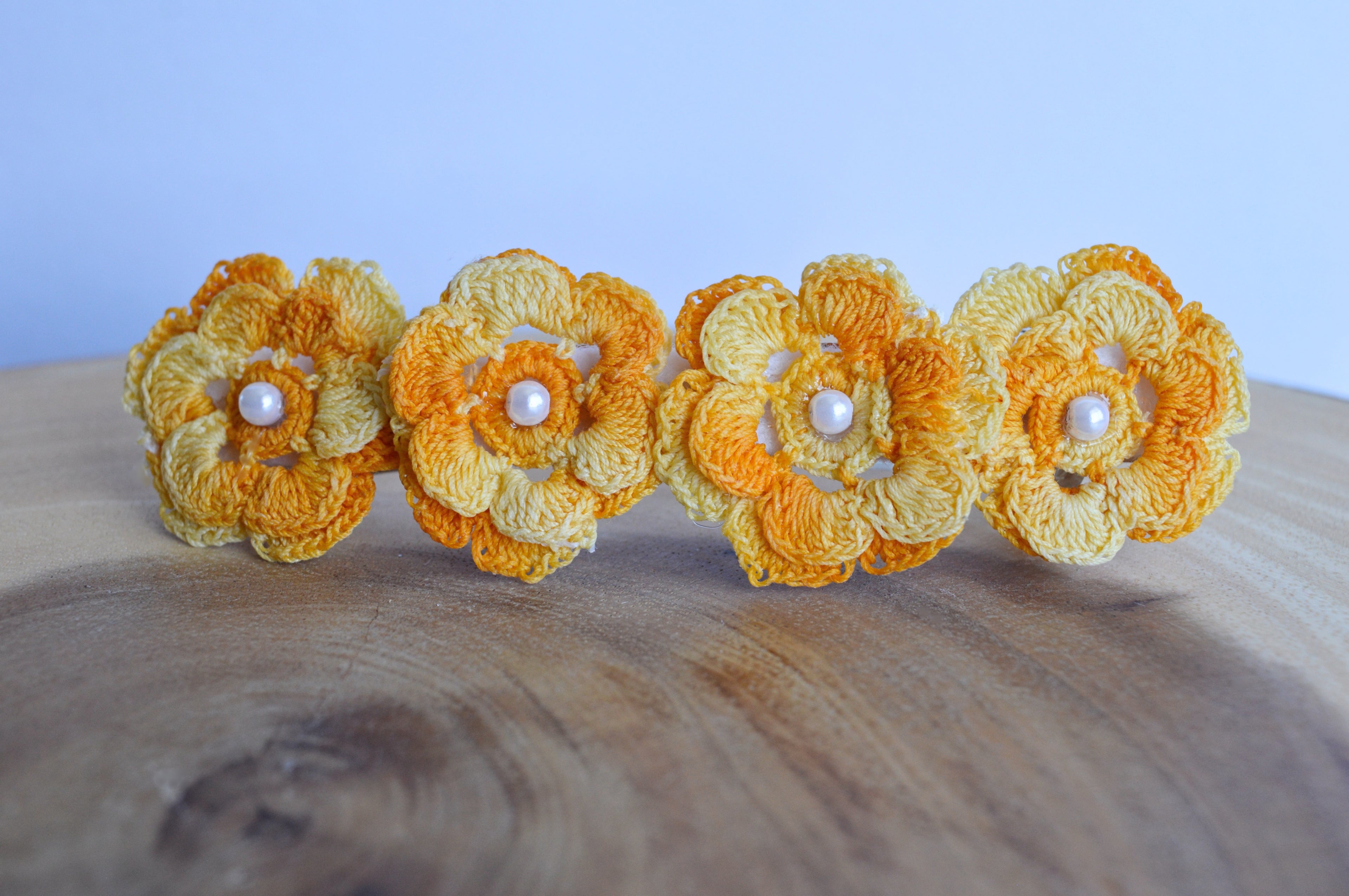 Up-cycled Yellow Floral Doily Hair Clip with Pearl Bead Inlay