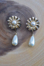 Load image into Gallery viewer, Large Gold Floral Earrings with Pearl Center and Teardrop Dangle
