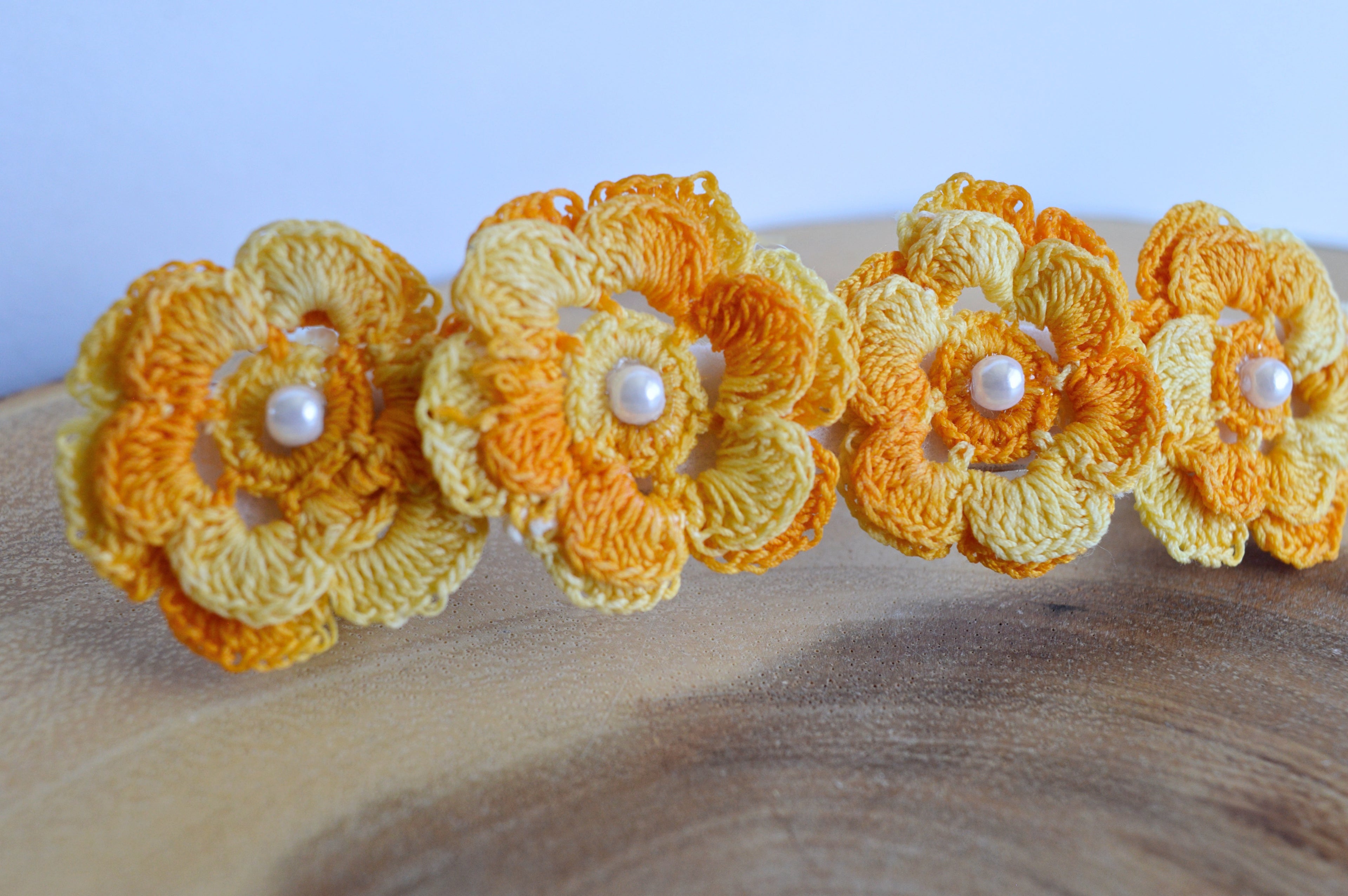 Up-cycled Yellow Floral Doily Hair Clip with Pearl Bead Inlay