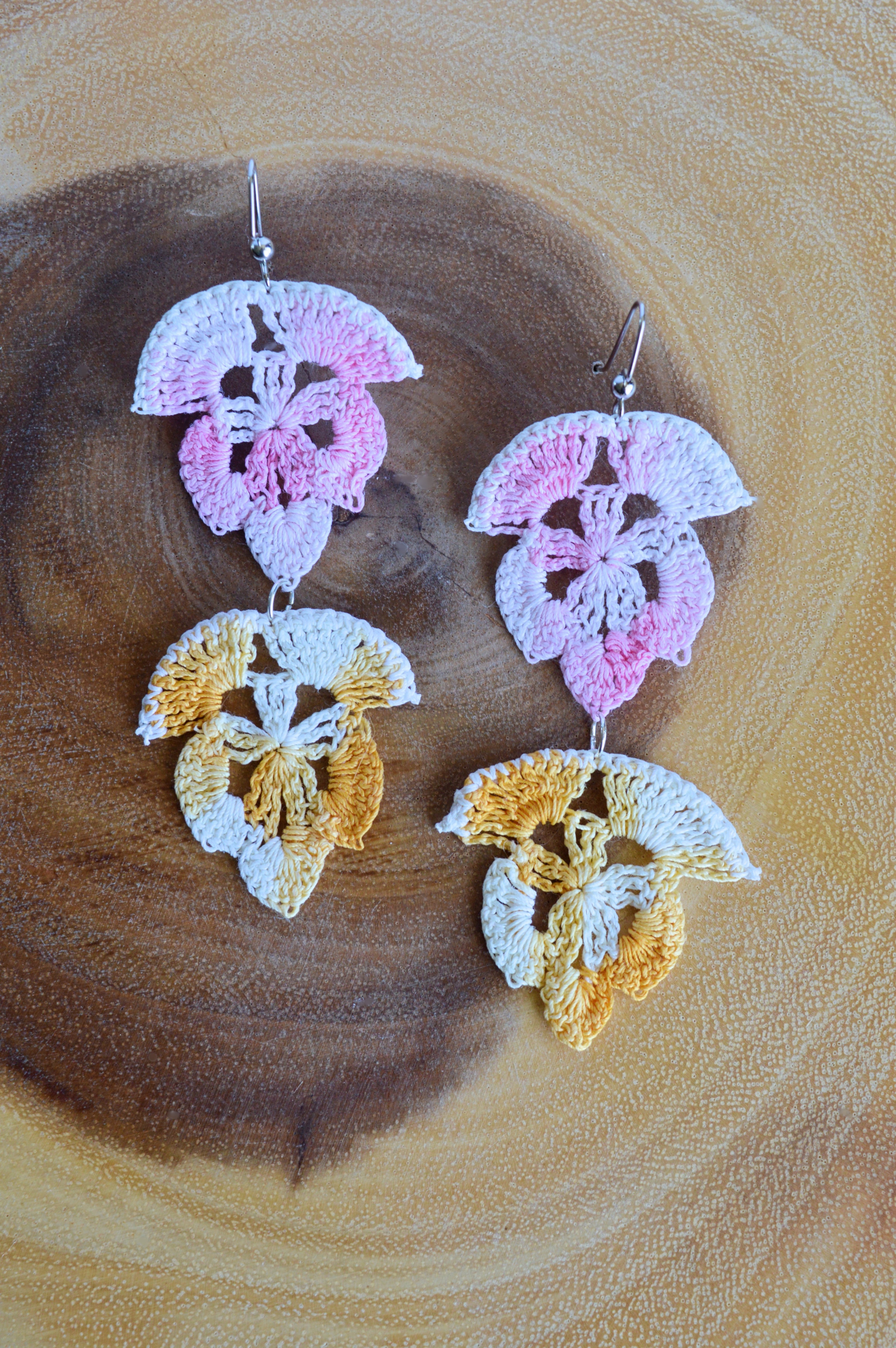 Up-cycled Handcrafted Pink and Yellow Floral Doily Dangle Earrings