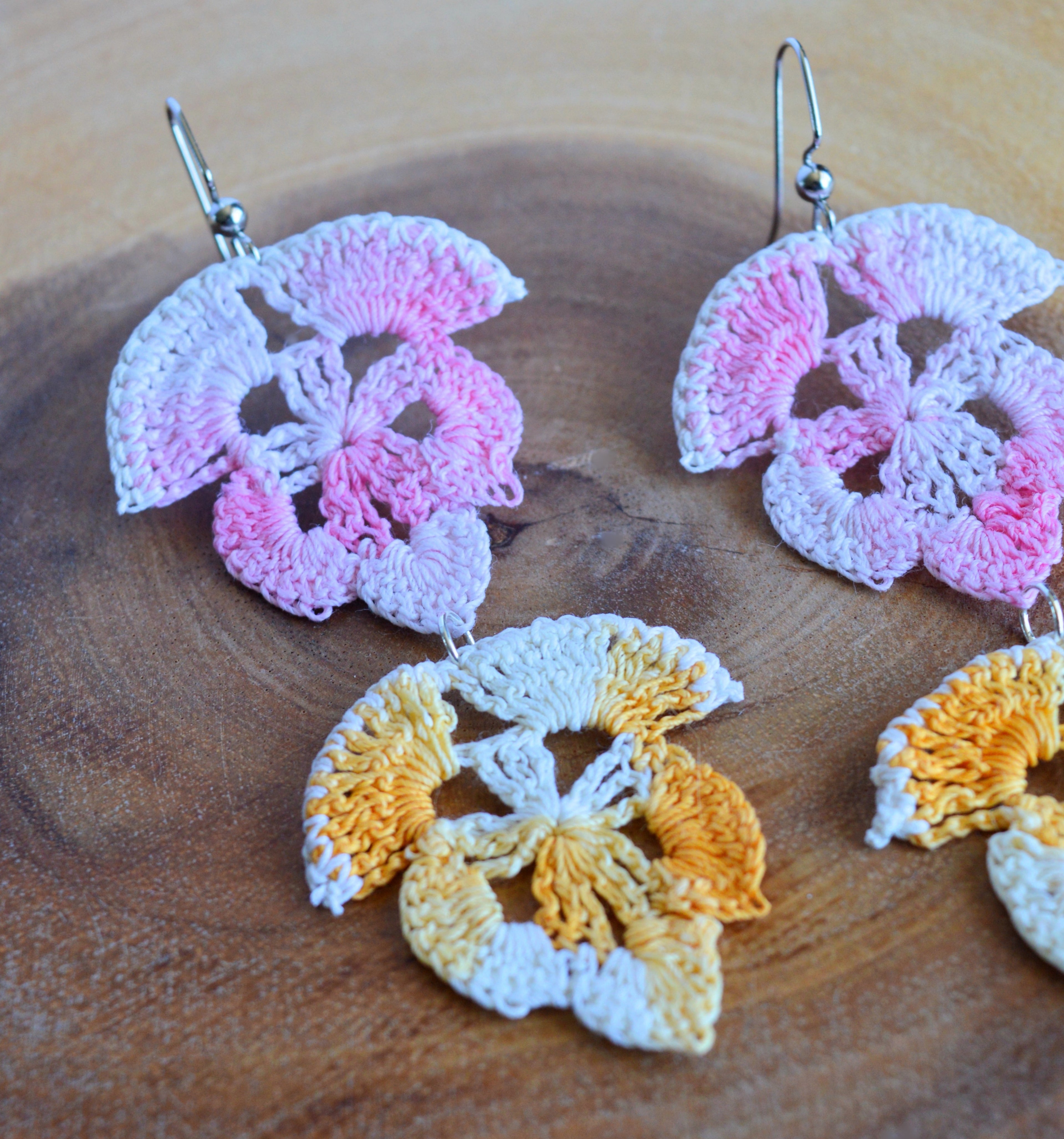 Up-cycled Handcrafted Pink and Yellow Floral Doily Dangle Earrings