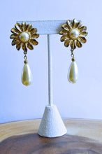 Load image into Gallery viewer, Large Gold Floral Earrings with Pearl Center and Teardrop Dangle
