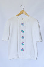 Load image into Gallery viewer, Vintage 1980s White Cotton Short Sleeve Sweater with Floral Embroidery
