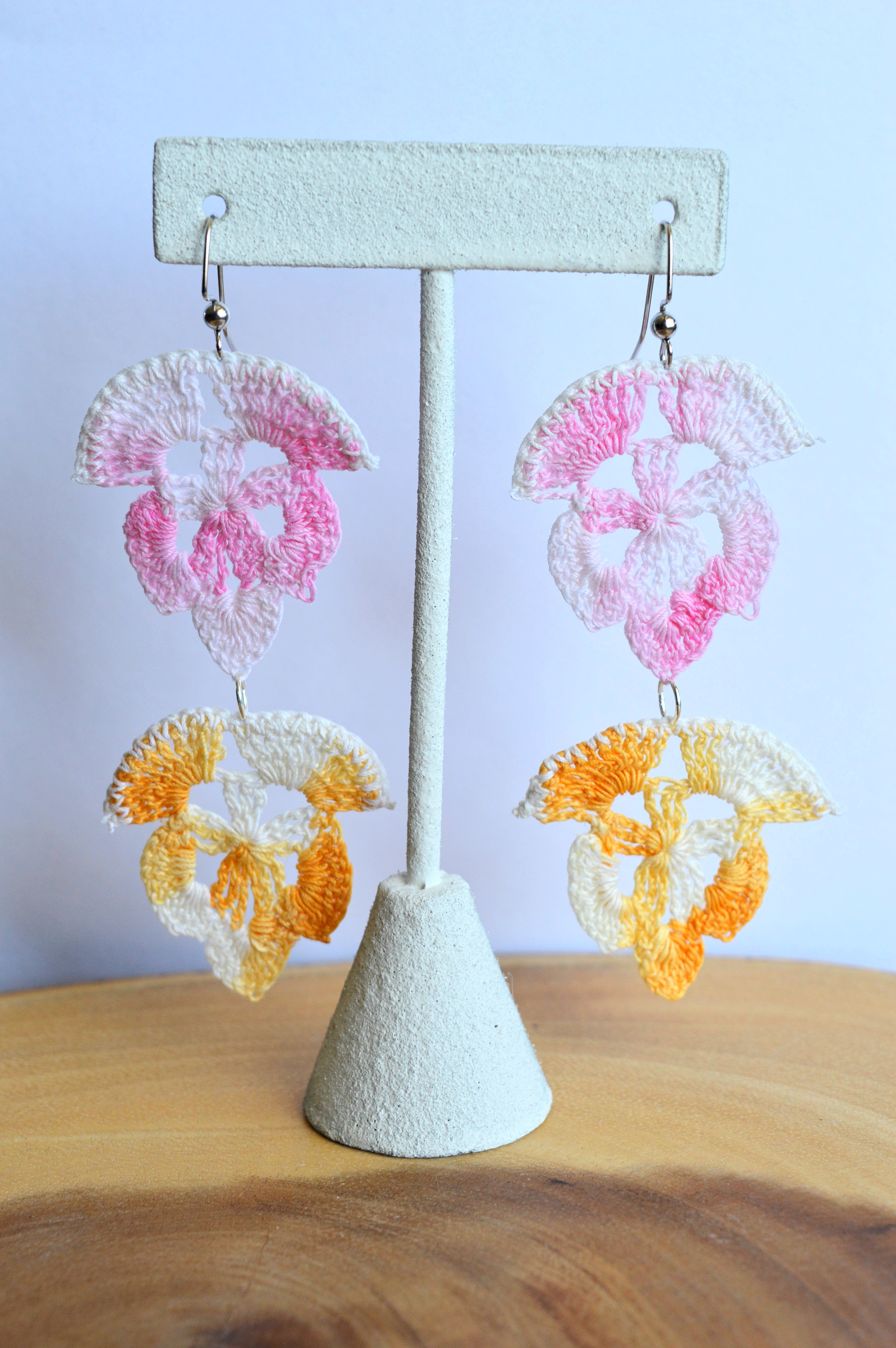 Up-cycled Handcrafted Pink and Yellow Floral Doily Dangle Earrings