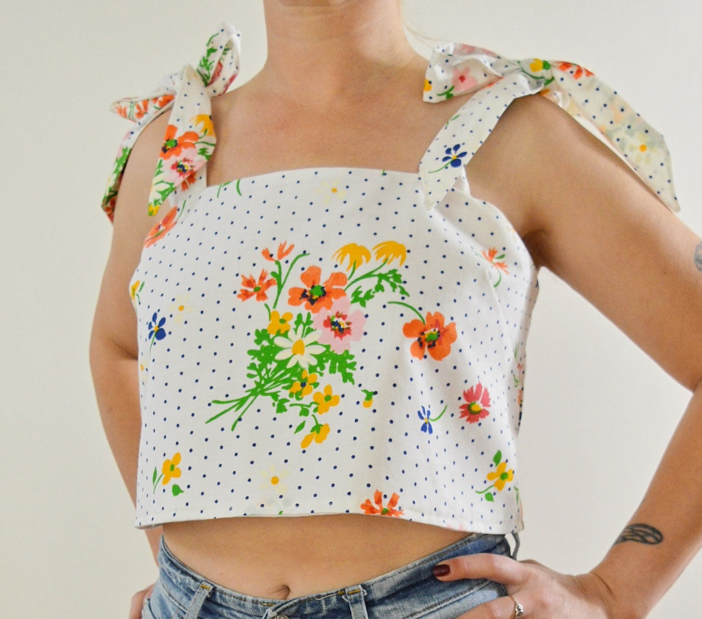 Up-cycled Floral Polka Dot Bow Shoulder Cropped Tank | Small