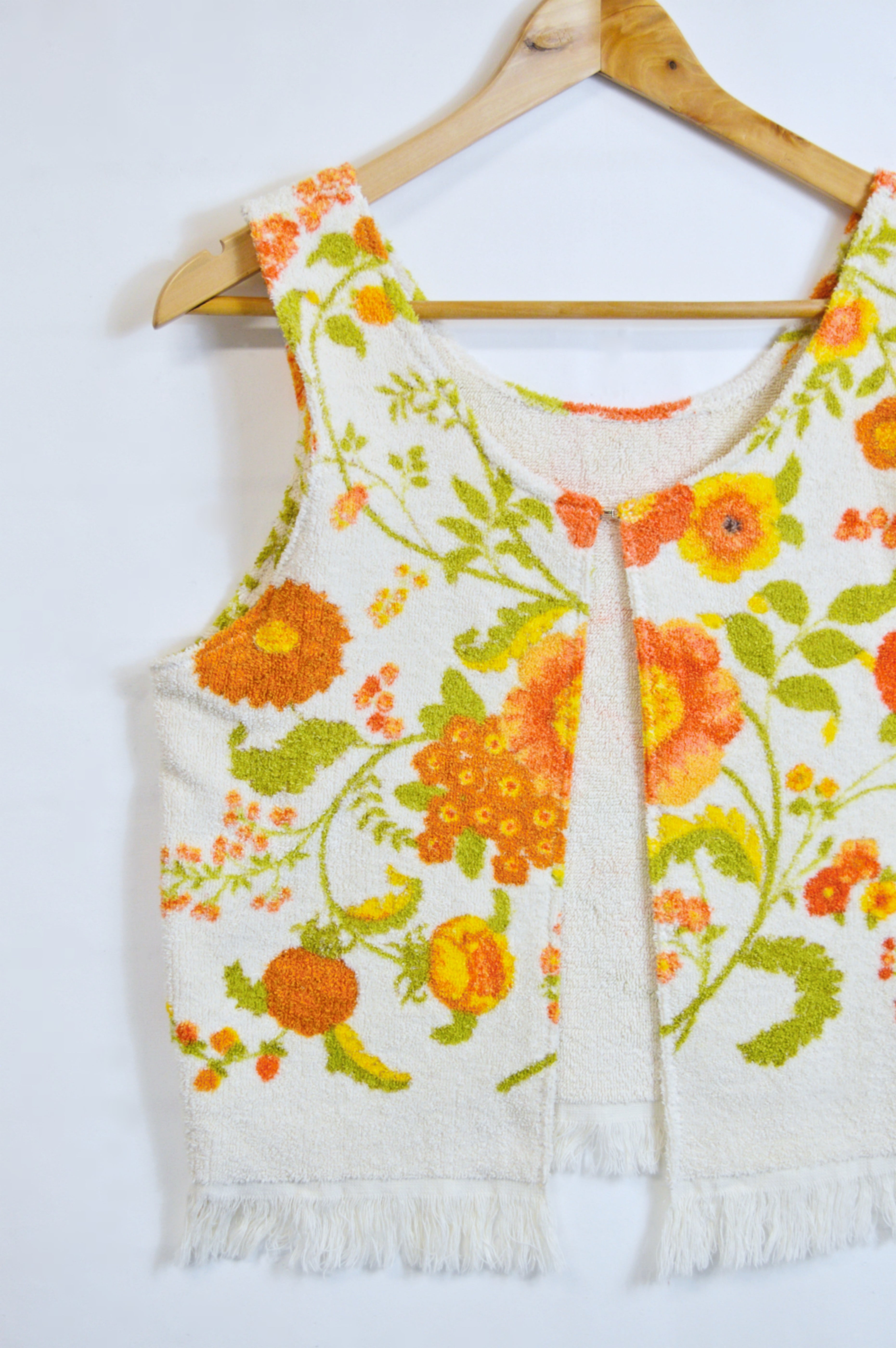 Up-cycled Vintage Orange and Yellow Floral Terry Towel Vest | Small-Medium