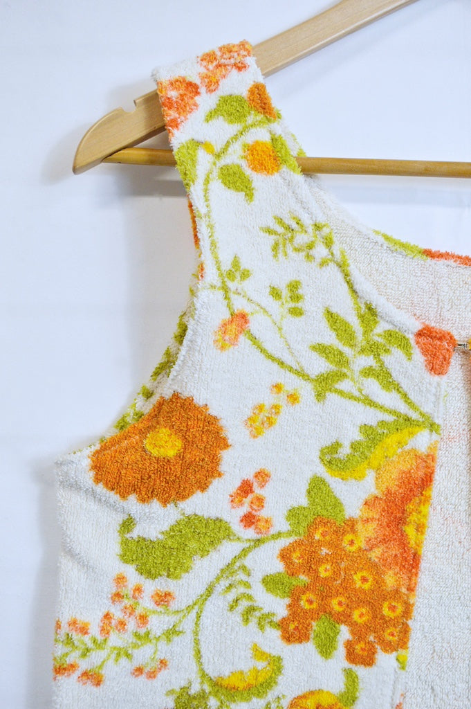 Up-cycled Vintage Orange and Yellow Floral Terry Towel Vest | Small-Medium