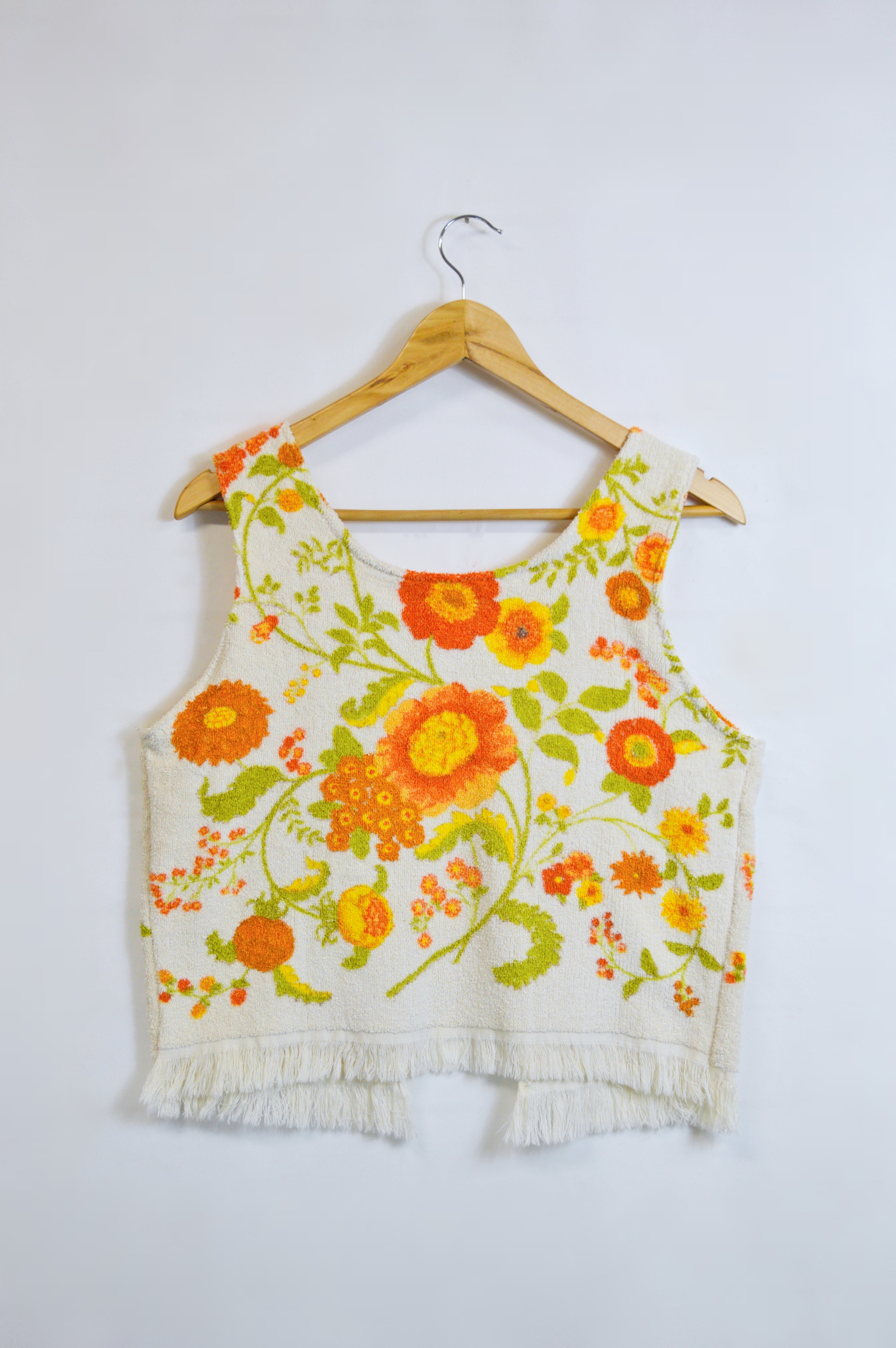 Up-cycled Vintage Orange and Yellow Floral Terry Towel Vest | Small-Medium