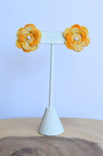 Load image into Gallery viewer, Up-cycled Yellow Crocheted Flower Studs with Pearl Bead Inlay
