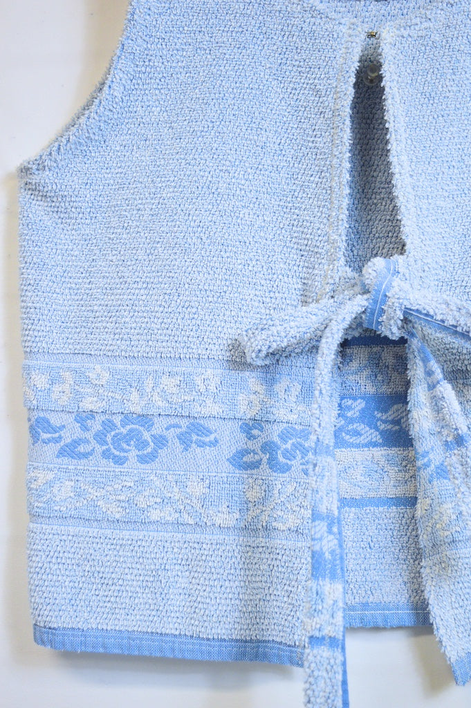 Up-cycled Hand-crafted Vintage Blue Floral Terry Towel Tie-front Vest | Small-Medium