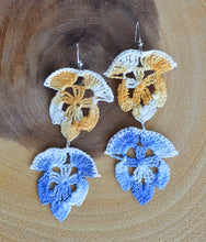 Load image into Gallery viewer, Up-cycled Blue and Yellow Crocheted Floral Dangle Earrings
