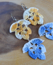 Load image into Gallery viewer, Up-cycled Blue and Yellow Crocheted Floral Dangle Earrings
