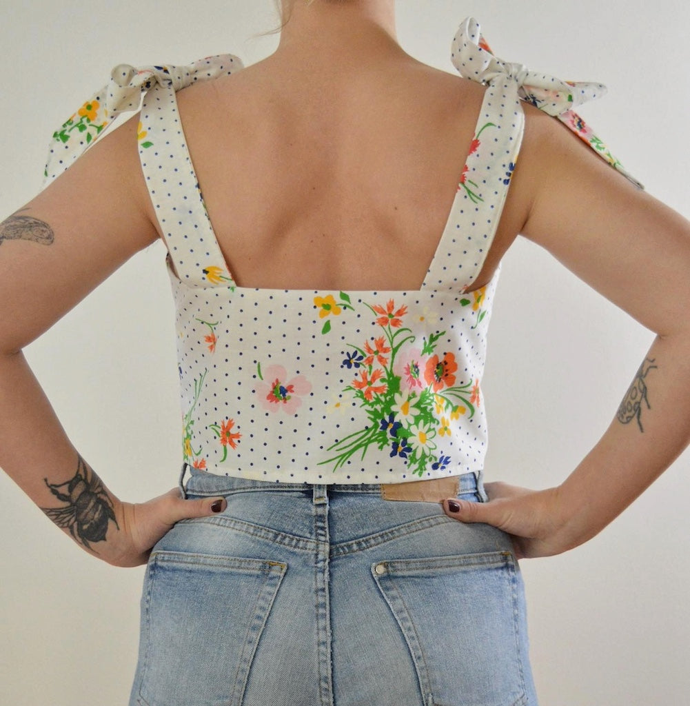 Up-cycled Floral Polka Dot Bow Shoulder Cropped Tank | Small