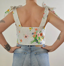 Load image into Gallery viewer, Up-cycled Floral Polka Dot Bow Shoulder Cropped Tank | Small
