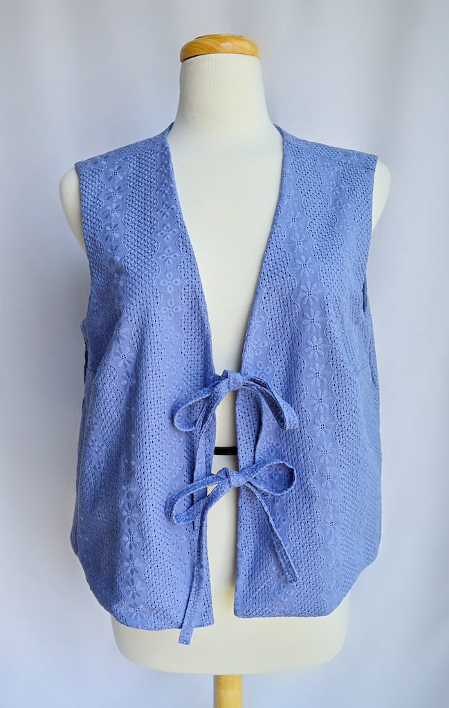 Up-cycled Periwinkle Blue Floral Eyelet Tie-Front Vest | Large / Extra-Large