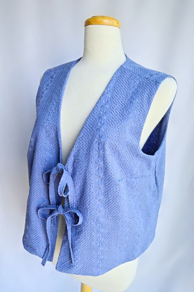 Up-cycled Periwinkle Blue Floral Eyelet Tie-Front Vest | Large / Extra-Large