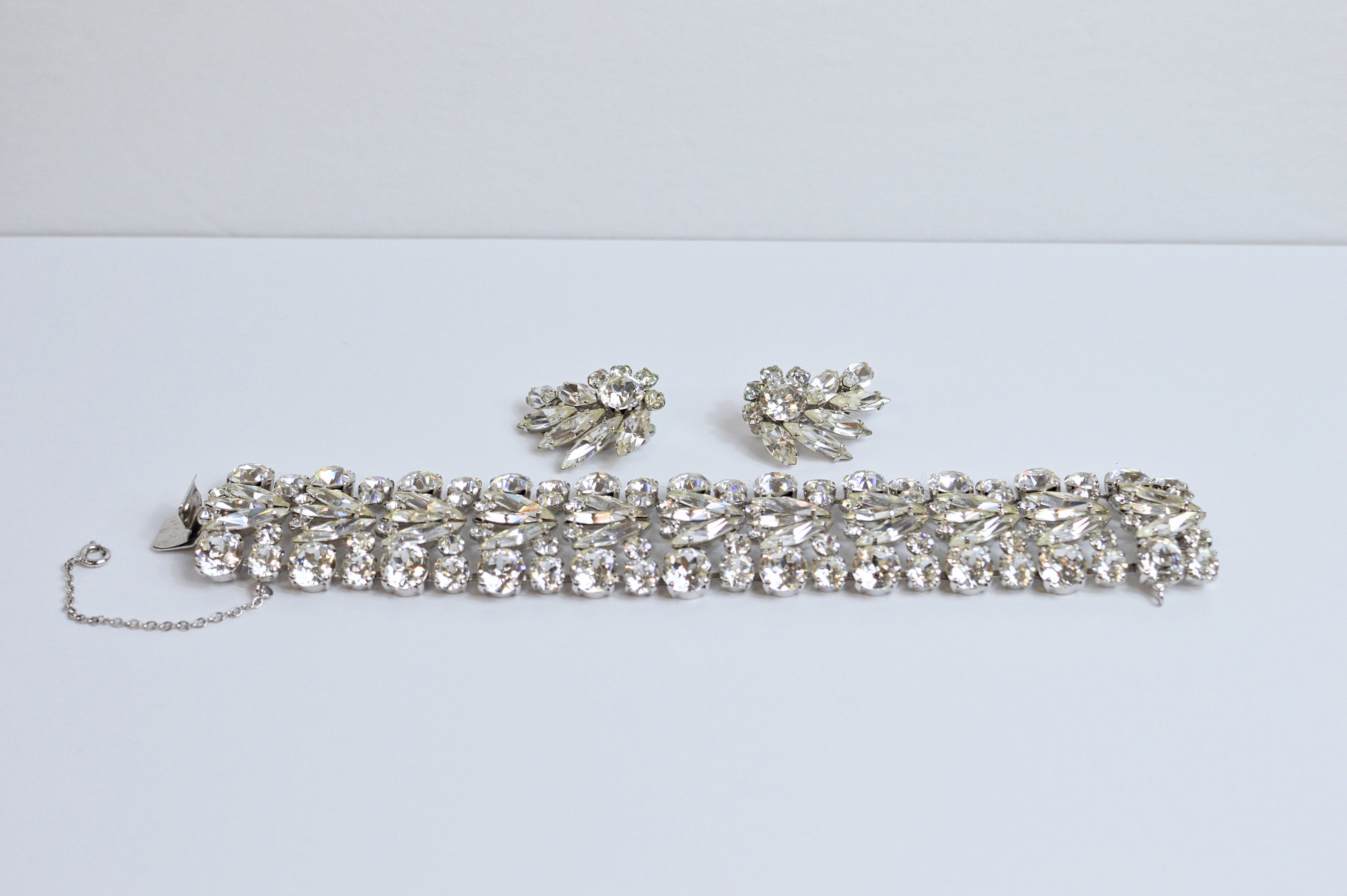 Vintage Sherman Ornate Clear Crystal Bracelet and Earring Set | 1960s