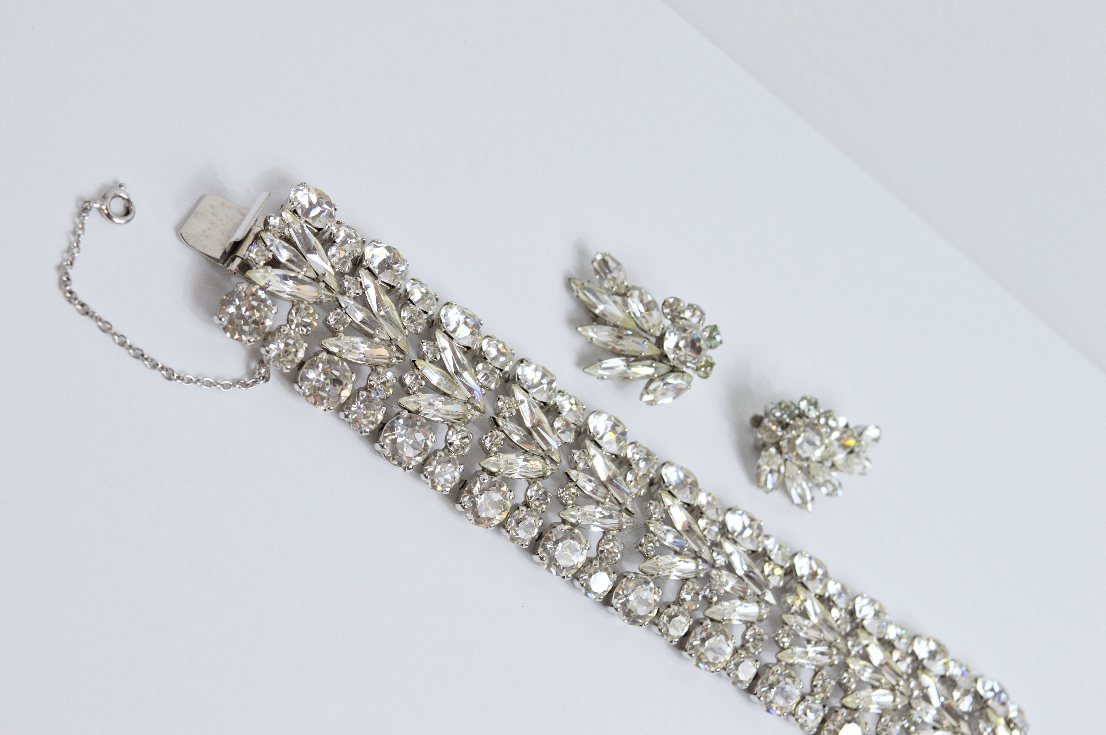 Vintage Sherman Ornate Clear Crystal Bracelet and Earring Set | 1960s
