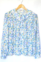 Load image into Gallery viewer, Vintage 1980s Blue Yellow and Purple Floral Blouse with Peter Pan Collar

