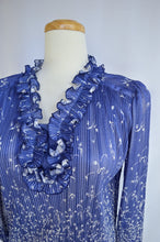 Load image into Gallery viewer, Blue Ruffled Neck Pleated Floral Blouse | M
