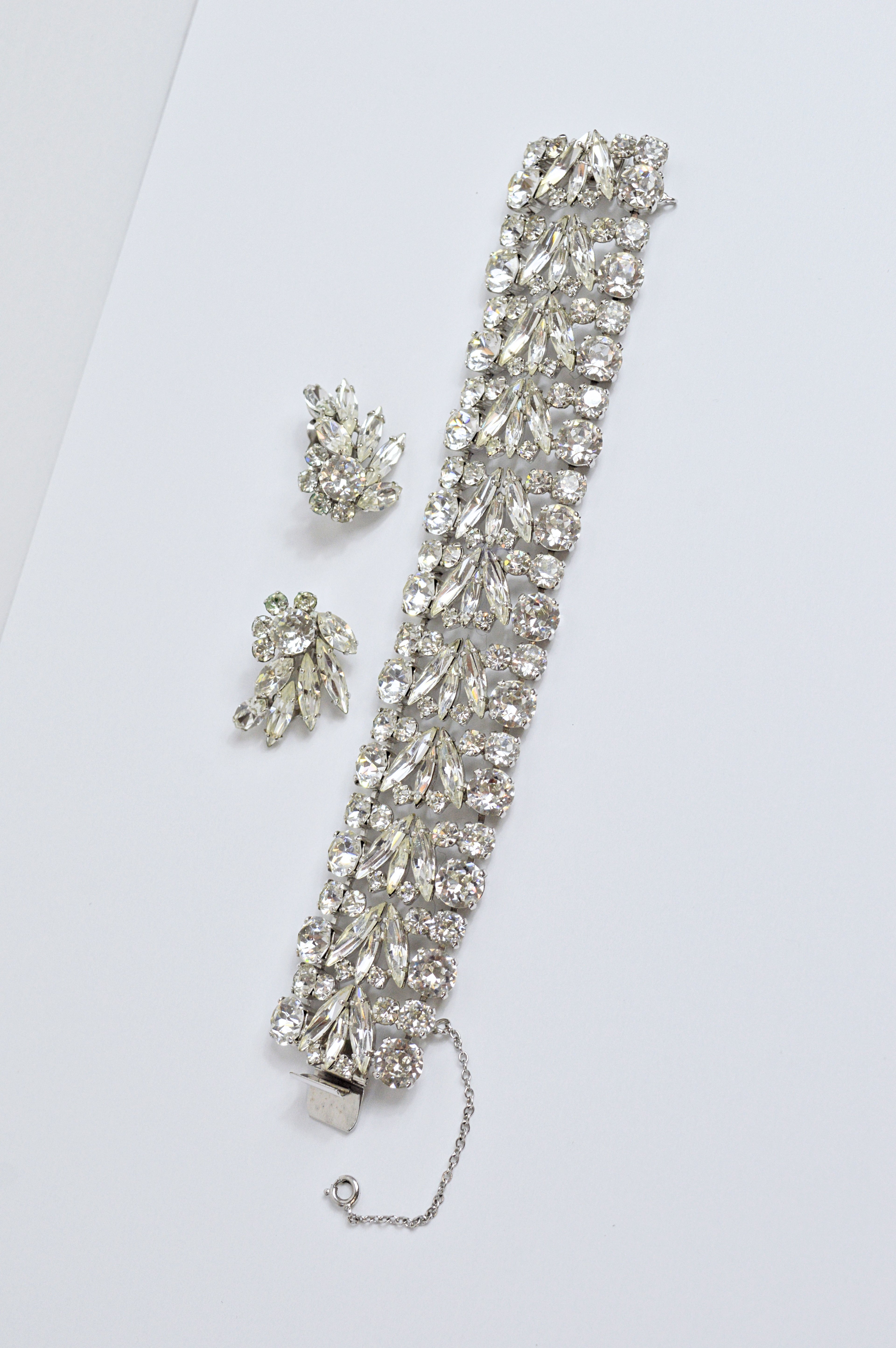 Vintage Sherman Ornate Clear Crystal Bracelet and Earring Set | 1960s